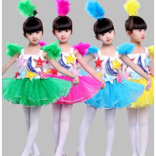Girls jazz dance dresses for kids children green pink yellow student cosplay singers modern dance performance dresses